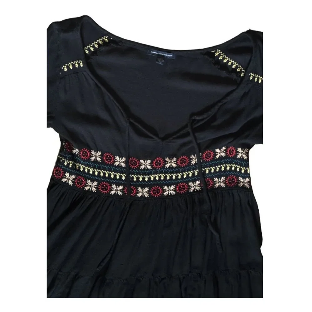 AE 3/4 Bell Sleeve Boho Tiered Peasant Mini Dress with Embroidered Florals - Picture 3 of 3